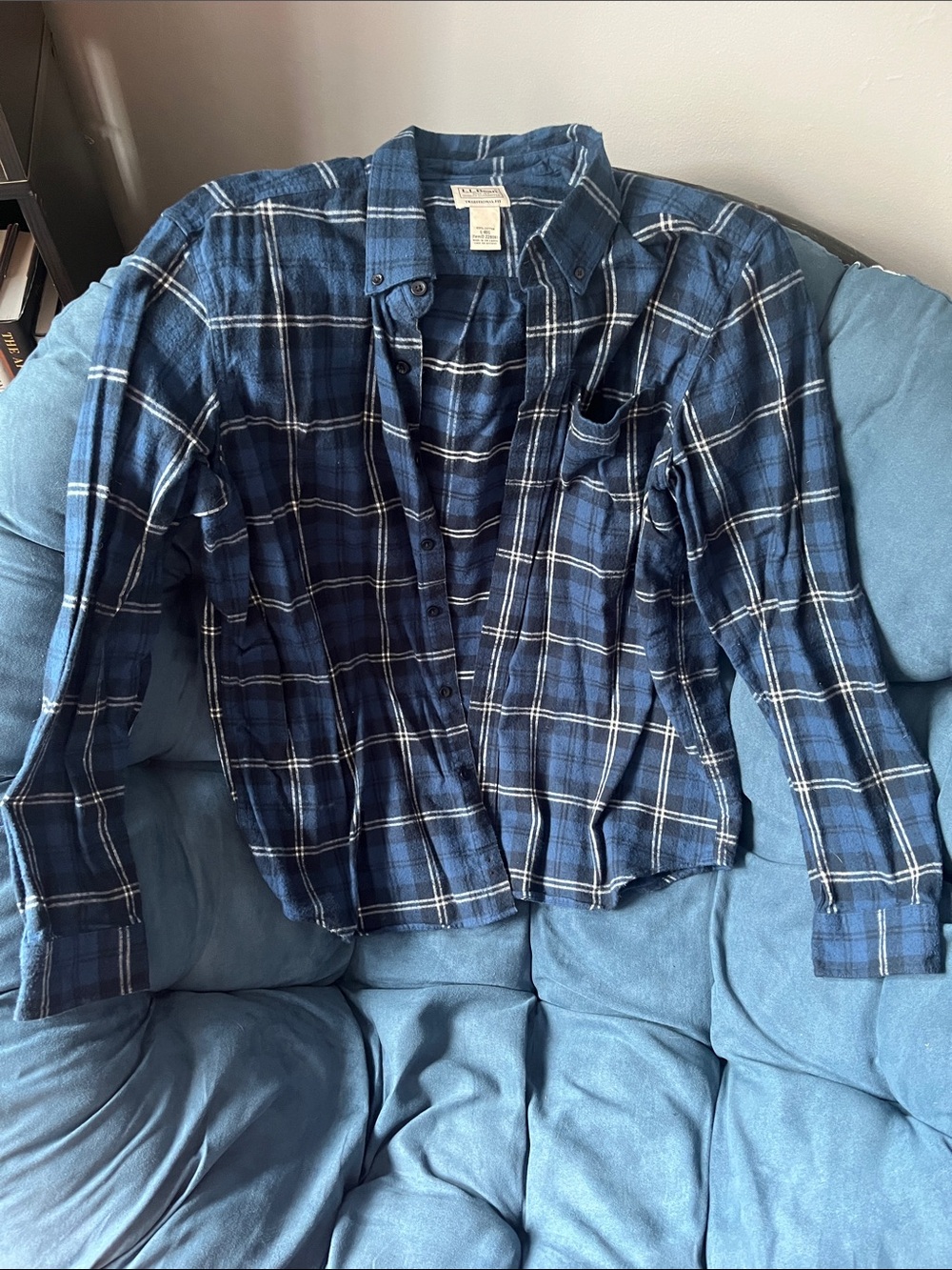 L.L. Bean Blue and White Plaid Men’s Button-Down Shirt